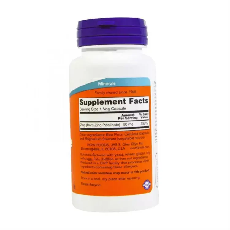 Витамины NOW Цинк пиколинат для здоровья всего организма, 50 мг, 60 шт в Перми