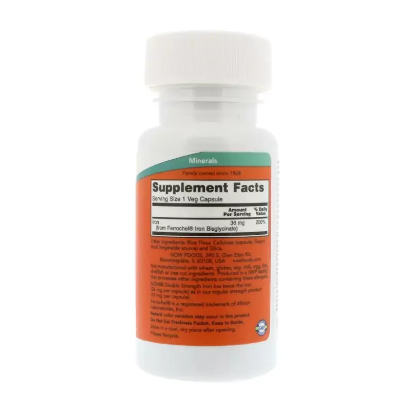 Витамины NOW Железо двойной силы для поддержания иммунитета и ЦНС, 36 мг, 90 шт в Перми