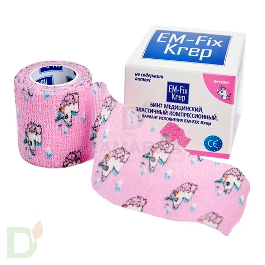 Бинт самофиксирующийся EM-Fix krep Розовый с единорогом, 5см*4,5м в Перми